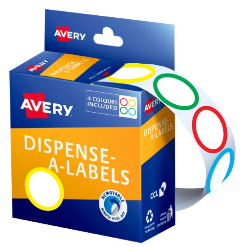 Avery Label Dispenser with 300 assorted 24mm round labels in various colors for easy organization and crafting tasks.