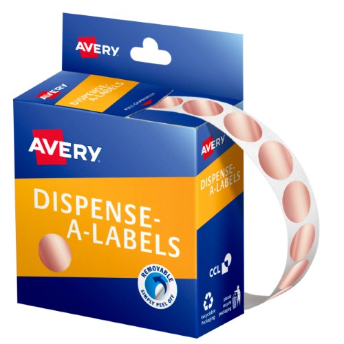 Avery 14mm round rose gold labels in a dispenser pack for stylish, easy labeling and organization, 500 labels total.