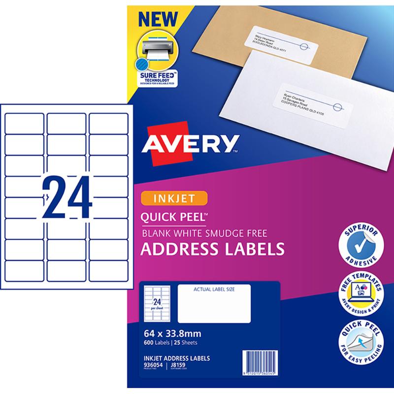 Avery J8159-25 Inkjet labels, 64x33.8mm, 24 per sheet, eco-friendly, smudge-free, ideal for organization and customization.