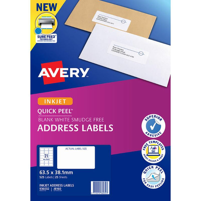 Avery J8160-25 inkjet labels, 63x38mm, 525 total; features Quick Peel and Sure Feed technology for easy, reliable labeling.