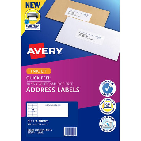 High-quality Avery J8162-25 inkjet labels, 400 white labels on 25 sheets, featuring Quick Peel and Sure Feed technology.