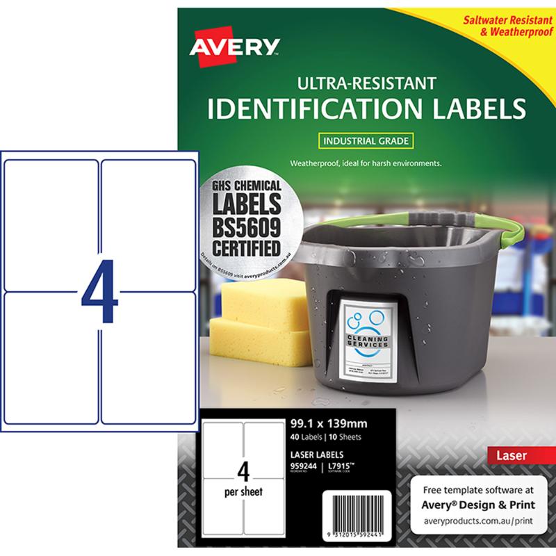 Avery Ultra Resistant ID Labels in white, 99.1x139mm, designed for harsh environments, waterproof, chemical-resistant, 10 sheets.