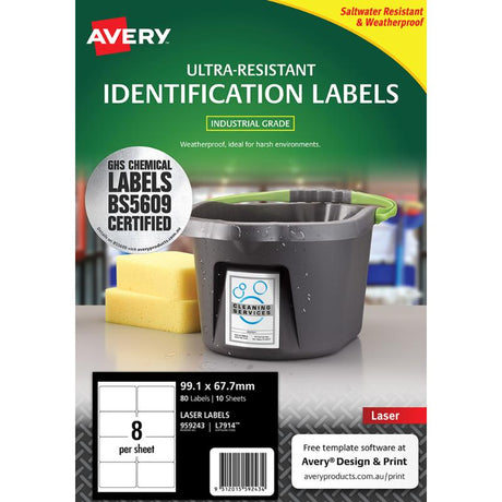 Avery Ultra Resistant ID Labels, 99.1x67.7mm, durable, waterproof, chemical-resistant, BS5609 certified for tough environments.