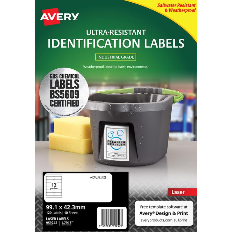 Avery Ultra Resistant ID Labels in white, 99.1x42.3mm, 12 labels per sheet, perfect for durable chemical labeling.