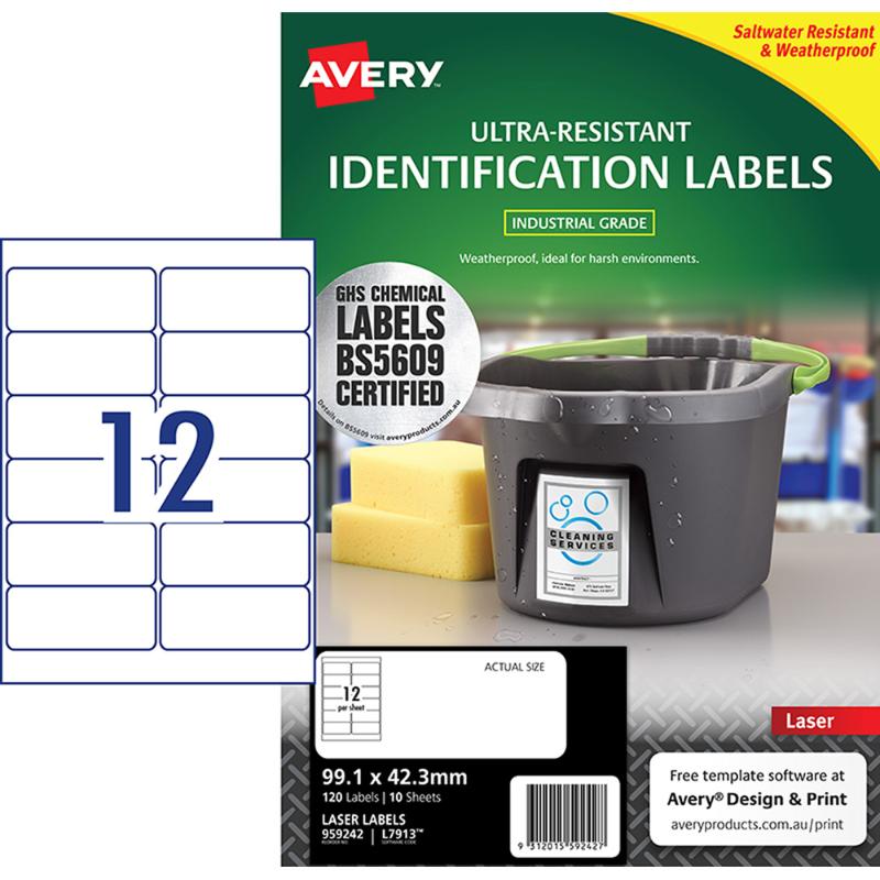 Avery Ultra Resistant ID Labels in white, 99.1x42.3mm, designed for durability, waterproofing, and chemical resistance.