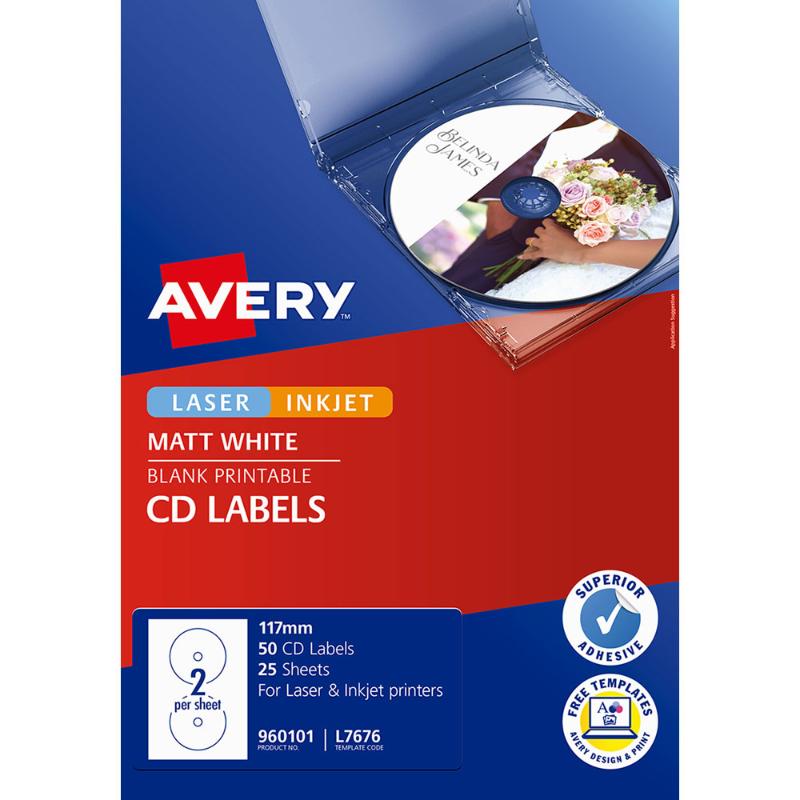 Customizable white CD/DVD labels for organization, compatible with laser and inkjet printers, featuring 50 labels in 25 sheets.