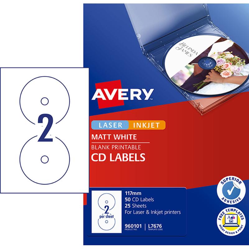 Avery L7676-25 CD labels on sheets for easy customization and organization of CDs and DVDs compatible with all printers.