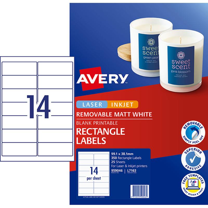 White Avery L7163 labels, 99.1x38.1 mm, 14 per sheet; compatible with laser/inkjet printers for easy organization.