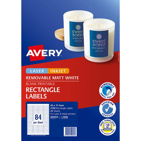 Avery L7656 white labels 46x11.11mm, 2100 labels on 25 sheets, ideal for smooth surfaces and customizable printing.