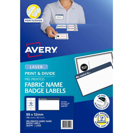 Avery fabric print name badges featuring a silk-like texture, removable, and easy to personalize for events.