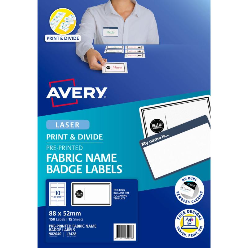 Avery fabric name badges with adhesive, 150 labels, perforated backing for easy separation, ideal for networking events.