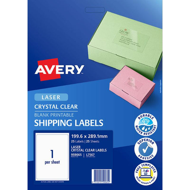 Clear Avery L7567-25 labels on 25 sheets, 199x289mm, ideal for elegant packaging and customizable for seamless branding.