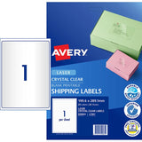 Avery L7567-25 crystal clear labels on 25 sheets, ideal for elegant labeling on various surfaces, tear and oil resistant.