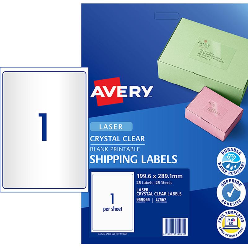 Avery Label L7567-25 Crystal Clear 1up 25 Sheets 199x289mm