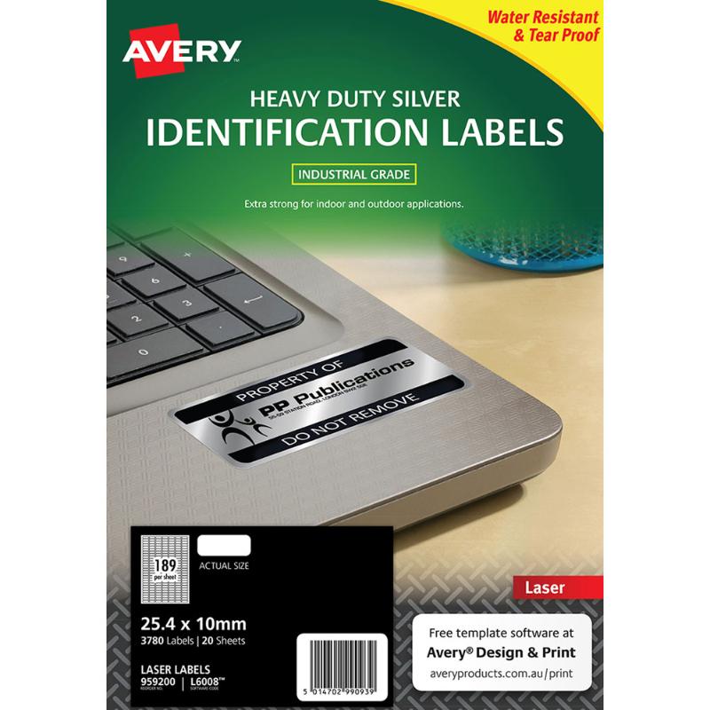 Avery Heavy Duty ID Label L6008 in silver, 25.4x10mm, durable, weather-resistant, perfect for asset identification and organization.