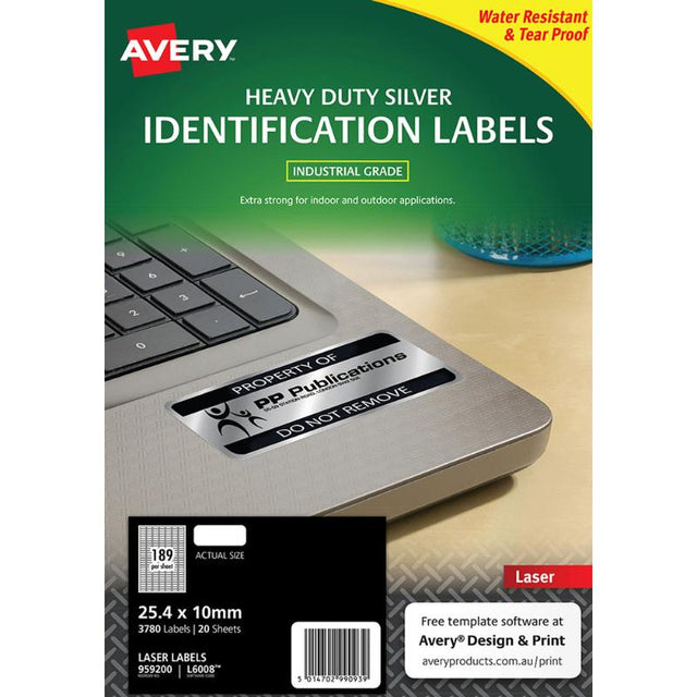 Avery Heavy Duty ID Label L6008 in silver, 25.4x10mm, durable, weather-resistant, perfect for asset identification and organization.