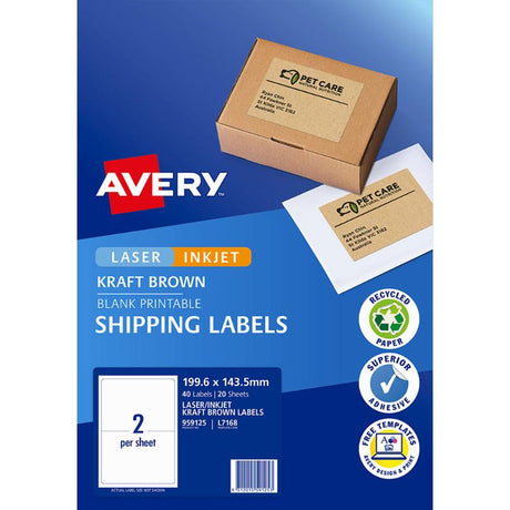 Eco-friendly brown kraft shipping labels, 199.6x143.5mm, 40 per pack, perfect for reusing boxes and customizing shipments.