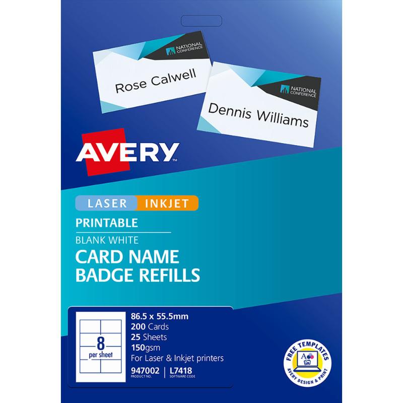 Avery L7418-25 white name badges, 86.5x55.5mm, 25 sheets, customizable for events using free Avery software.