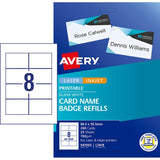 Avery L7418-25 name badges, 86.5x55.5mm, 25 sheets, customizable, durable white cardboard, perfect for events and conferences.