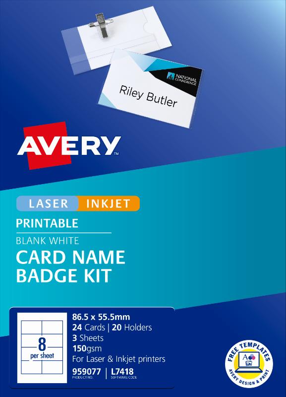 Avery Card Name Badges Kit with customizable cards for events, featuring clip/pin holders for easy attachment and reuse.