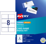 Avery name badge kit with 24 customizable cards, eco-friendly holders, and dual-attachment options for events.