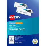 Avery Delegate Cards pack of 50, 210x74.3mm, heavyweight matte white for elegant name tags, compatible with inkjet and laser printers.