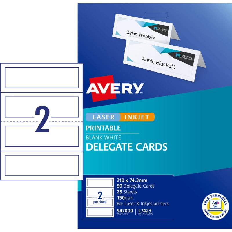 Printable Avery Delegate Cards, 210x74.3mm, 50 cards on matte white stock for professional event branding and easy assembly.