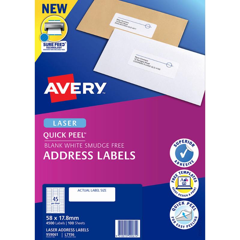 Avery L7156-100 labels, 58x17.8mm, 45-up sheets, 4500 labels total; ideal for organization and custom printing.