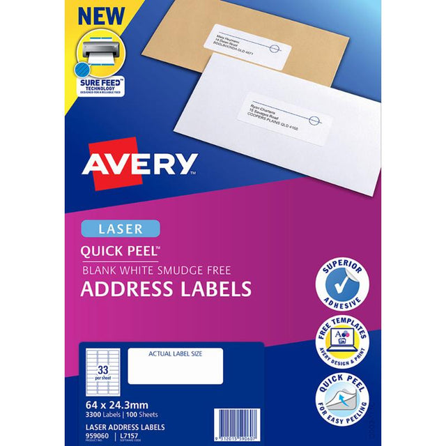 Avery L7157-100 labels are white, 64x24.3mm, designed for laser printers with Quick Peel and Sure Feed technologies.