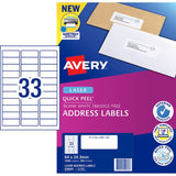 Avery L7157-100 labels, 64x24.3mm, 33 labels per sheet, designed for laser printers, featuring Quick Peel and Sure Feed technology.