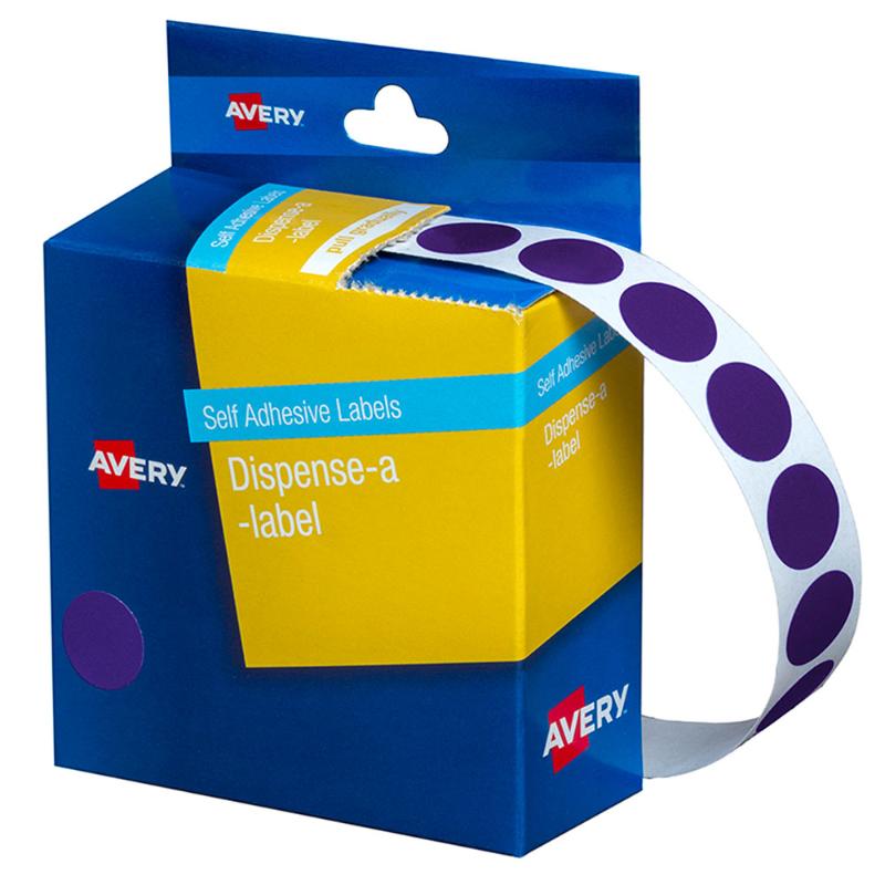 Avery Label Dispenser DMC14PU with 1050 round purple labels, featuring removable adhesive for easy repositioning.