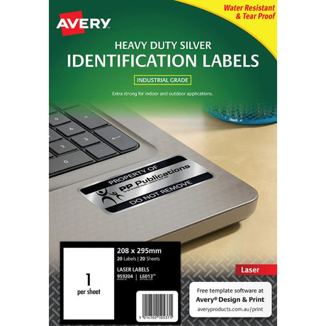 Avery Heavy Duty ID Label L6013 in silver, tear-proof and water-resistant, perfect for asset identification in tough conditions.