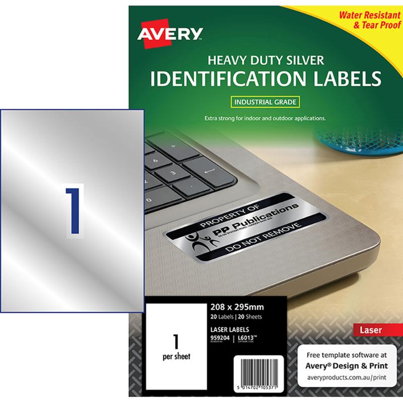 Heavy Duty silver ID labels by Avery, tear-proof and resistant for tough applications, ideal for asset identification and organization.