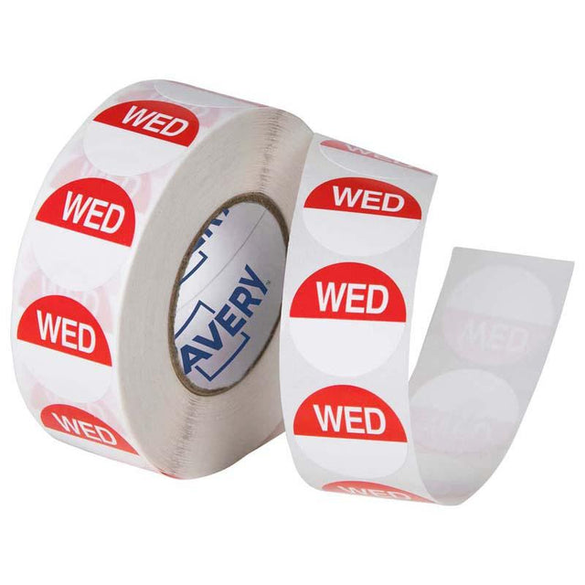 Avery red and white round food labels (24mm) for tracking discard dates, 1000 labels on a roll, removable & durable.