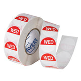 Avery round labels in red and white, 24mm, for food storage and tracking discard dates, 1000 labels on a roll.