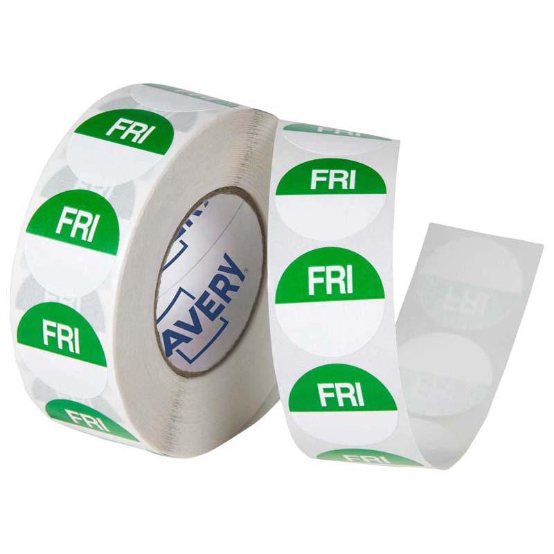 Avery Labels Friday Round Day 24mm in green and white for clear food dating, durable, removable, and ideal for storage.