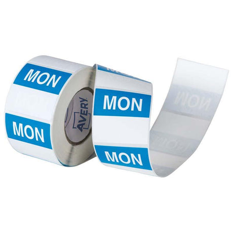 Avery Monday Square Labels in blue and white, 40x40mm, for clear food safety labeling and organization in kitchens.