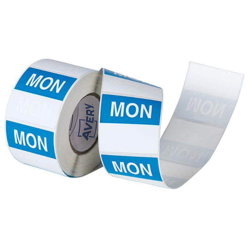 Avery 40x40mm blue and white labels roll for food storage, featuring writable surface for discard dates and removable adhesive.