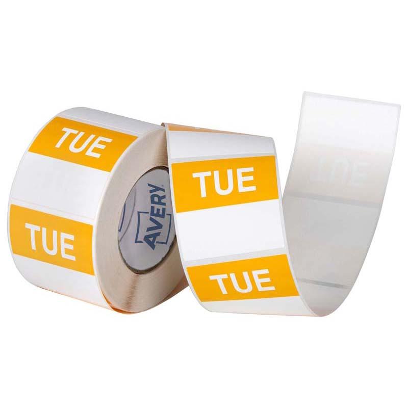 Yellow and white square labels (40x40mm) for food storage, featuring removable adhesive and vibrant visibility. Perfect for organization.