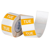 Yellow and white 40x40mm labels for food storage, featuring removable adhesive and designed for visibility and organization.