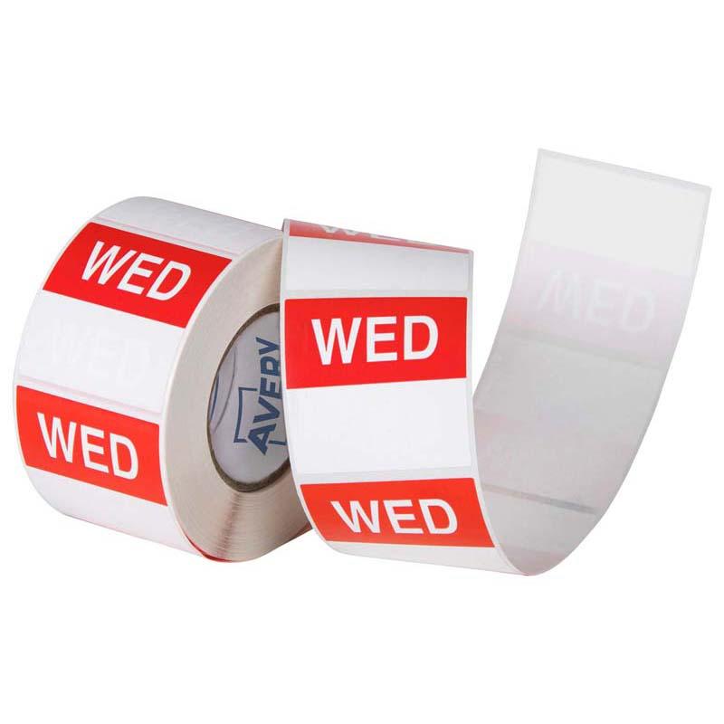 Avery red and white square labels, 40x40mm, for food storage with removable adhesive, ideal for label dates and organization.