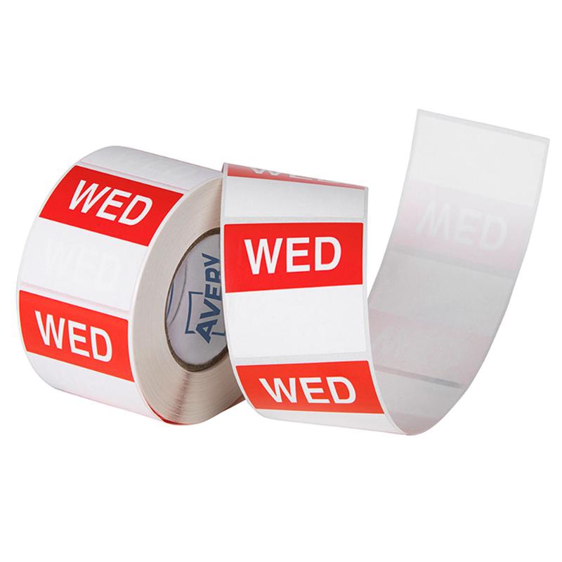 Red and white square Avery labels (40x40mm) for writing discard dates, ideal for food storage and organization.