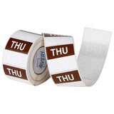 Brown and white square labels (40x40mm) for clear food date marking, durable, removable adhesive, 500 labels per roll.