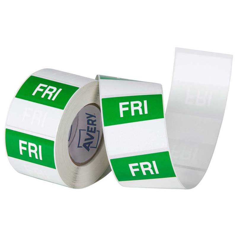 Avery Friday Square Day labels in green and white, 40x40mm, for clear food date labeling and organized storage, 500 per roll.