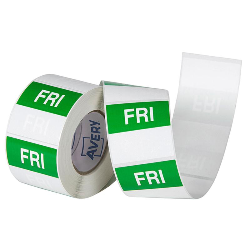 Green and white 40x40mm square labels for food safety, featuring writable date section and removable adhesive for easy organization.