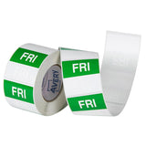 Green and white 40x40mm square labels for food safety, featuring writable date section and removable adhesive for easy organization.