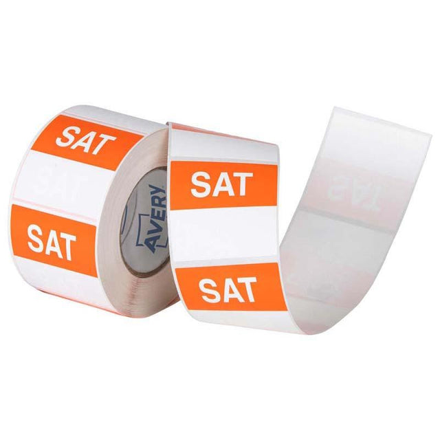 Avery 40x40mm orange and white square labels on a roll, perfect for organizing, food storage, and easy removal without residue.