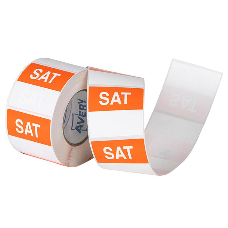 Avery Saturday Square labels, 40x40mm, orange and white, for efficient food storage and organization, 500 per roll.