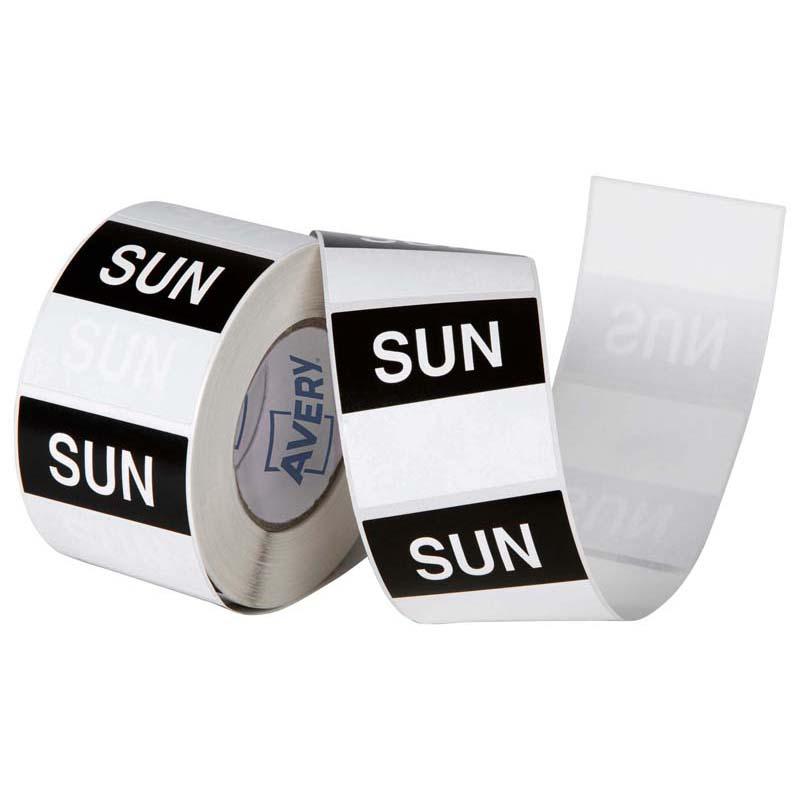 Black and white 40x40mm Avery labels on a roll, ideal for food storage and organization with removable adhesive.