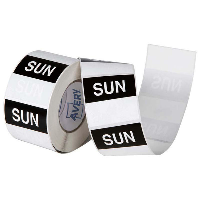 Black and white 40x40mm Avery labels on a roll, ideal for food storage and organization with removable adhesive.